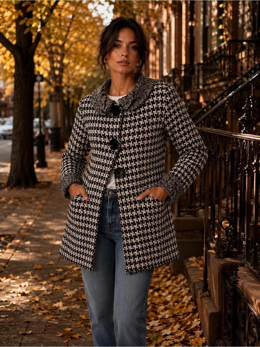 Curio Black and White Houndstooth Wool Blend Knit Cardigan Coat - Size XS